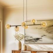 Hengelampe Glassy, 6 lyskilder, svart, rav, glass, 110 cm
