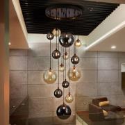 Mørk pendellampe, jern, glass, rav, smoke, Ø 60 cm