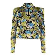 Grønn Multi Floral Bluse med Høy Hals og Lange Ermer