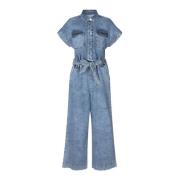 Denimblå Jumpsuit med Korte Ermer og Knappelukking