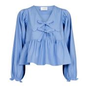 Lys Blå Poplin Bluse med Puff Ermer