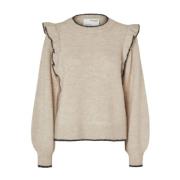 Beige Selected Femme Slfalva Frills Ls Knit O-Neck Genser