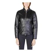 Svart Skinn Zippered Mandarin Krage Blazer