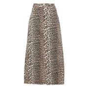 Leopard-Print Denim Midi Skjørt