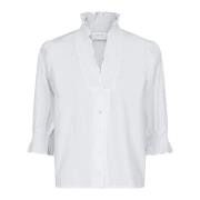 Hvit Poplin Bluse med Rysjedetaljer