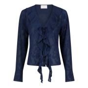 Navy Burnout Bluse med Ruffle Detalj