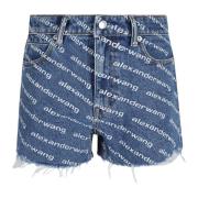 Dyp Blå/Hvit Logo Print Høy Midje Shorts