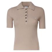 Beige Ribbet Poloskjorte med Knapper