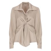 Beige V-hals Bluse med Krage