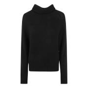 Sort Ribbestrikket Rullehals Sweatshirt