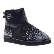 Ankle boots in black nylon and leather suede with rhinestones