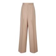 Beige Wide Leg Wool Trousers