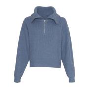 Blå Melange Zip Pullover Genser