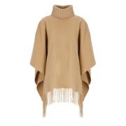 Beige Ull Silke Cape med Frynser