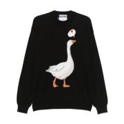 Sort Ribbestrikket Crew Neck Genser