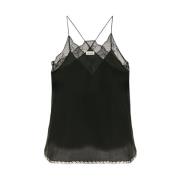 Svart Silke Blonder Camisole Topp