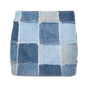 Blå Denim Patchwork Skjørt med Frynser