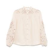 Beige Lin Skjorte med Broderie Anglaise