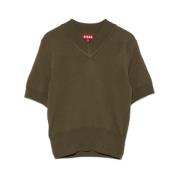 Khaki Merino Ull Strikket V-Hals Genser