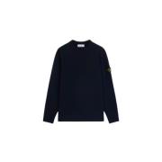 Blå Lamull Crewneck Sweater med Ribbed Detaljer