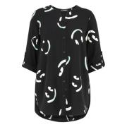 Smiley Print Lang Bluse med Grønne Accents