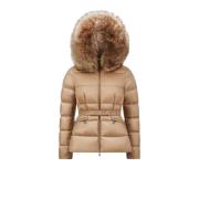 Beige Dunjakke med Shearling Trim