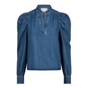 Blå Denim Bluse med V-Hals