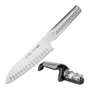 Global - Ukon knivsett santokukniv GU-04 hulslipt 19 cm + knivsliper G...