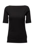 Stretch Cotton Boatneck Tee Tops T-shirts & Tops Short-sleeved Black L...