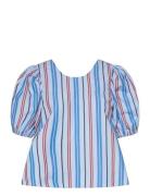 Stripe Cotton Open Back Top Tops Blouses Short-sleeved Blue Ganni