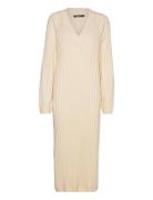 V-Neck Knitted Dress Knelang Kjole Cream Gina Tricot