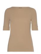 Stretch Cotton Boatneck Tee Tops T-shirts & Tops Short-sleeved Beige L...