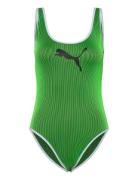 Puma Swim Women Contour Rib Swimsui Sport Swimsuits Green Puma Swim