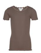 Silk T-Shirt W/ Lace Tops T-shirts Short-sleeved Brown Rosemunde Kids