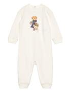 Polo Bear Fleece Coverall Langermet Bodysuit White Ralph Lauren Baby