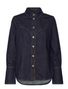 Denim Shirt With Seams Tops Shirts Long-sleeved Navy Mango