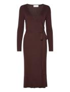 Fine Knit Rib Wrap Midi Dress Knelang Kjole Brown Davida Cashmere